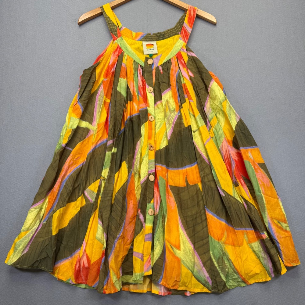 Farm Rio Yellow Abstract Tropical Leaf‎ Button Front Mini Dress Small